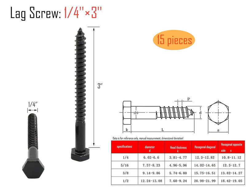 LBY 15pcs Lag Screws, 1/4" x 3" Hex Head Lag Screws Bolts (with Washers), Heavy-Duty Wood Screws for Decking & Structural Fastening, 304 Stainless Steel, (Black) - Image 3